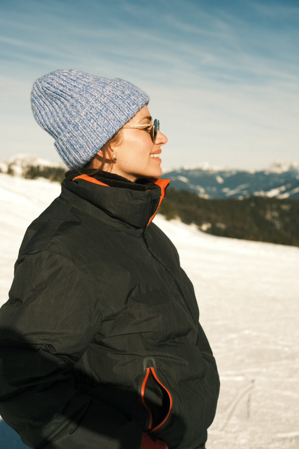 Marysia wearing cashmere beanie